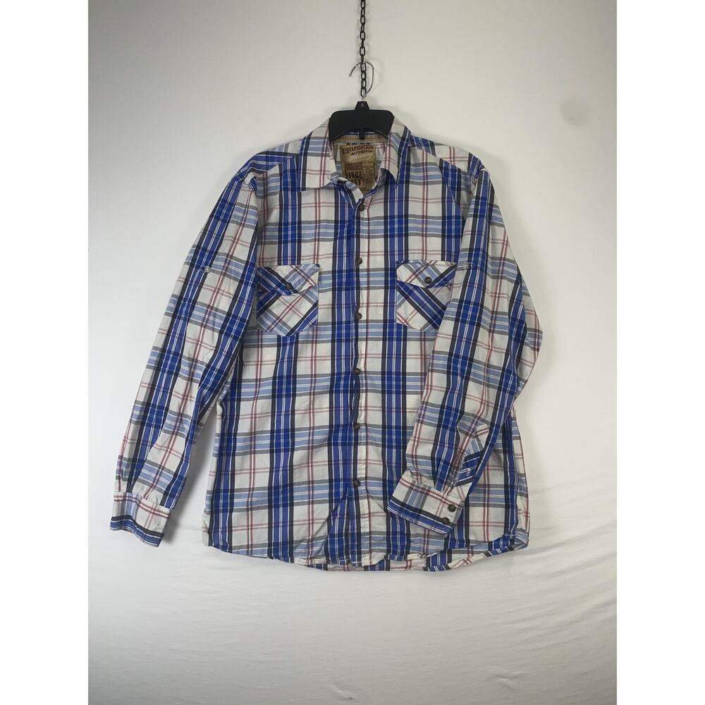 U.S. Expedition Shirt Mens Large Blue Plaid Long Sleeve Button Up Pockets Casual